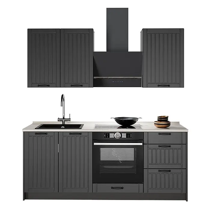 Vicco Singleküche - Breite: 190 cm, Dunkelgrau, Mit AP Eiche - Eine dunkelgraue Küchenzeile mit Ober- und Unterschränken, Spüle, Backofen, Kochfeld und Dunstabzugshaube.