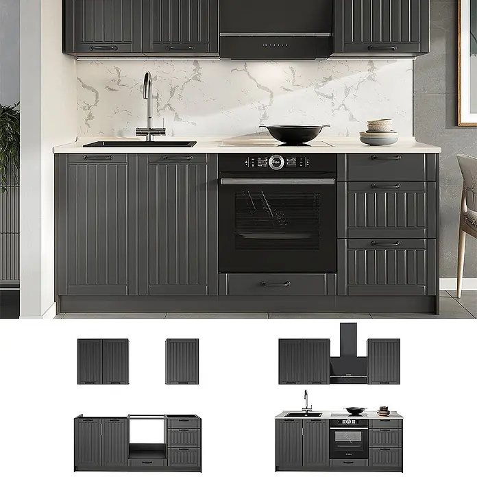 Vicco Singleküche - Breite: 190 cm, Dunkelgrau, Mit AP Eiche - Dunkelgraue Küchenschrank-Garnitur mit integriertem Backofen, Spüle und Dunstabzugshaube, mit geriffelten Türen und Schubladen.