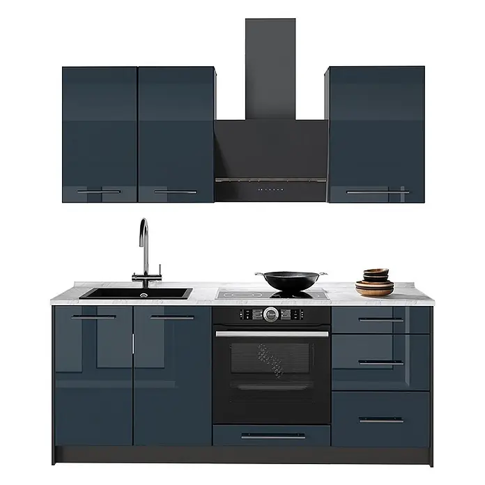 Vicco Singleküche - Breite: 190 cm, Dunkelblau Hochglanz, Mit AP Marmor - Glänzende dunkelblaue Modulküche mit weißer Arbeitsplatte, Spüle, Kochfeld, Ofen und passenden Schränken mit Dunstabzugshaube.