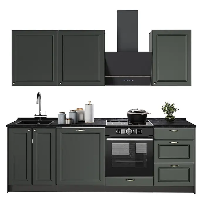Vicco Küchenzeile Fame-Line, Grün-Gold Landhaus/Anthrazit, 230 cm -  - Eine moderne dunkelgrüne Küche mit schwarzen Arbeitsplatten und integrierten Geräten wie Spüle, Kochfeld, Backofen und Dunstabzugshaube.