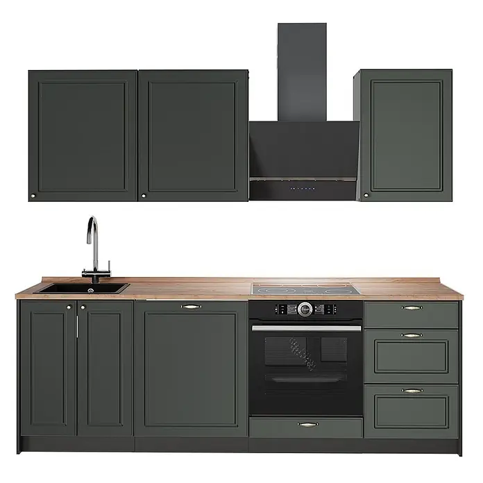 Vicco Küchenzeile Fame-Line, Grün-Gold Landhaus/Anthrazit, 230 cm -  - Dunkelgrüne Modulküche mit Holztheke, Einbaubackofen und Spüle.