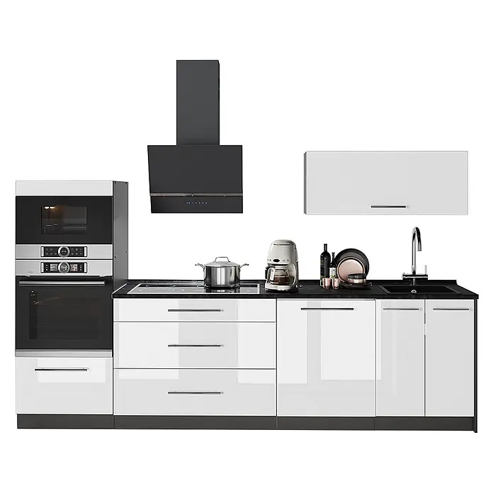 Küchenzeile Fame-Line 280 cm Weiß Hochglanz Art.-Nr. 64672 -  - Moderne weiße Hochglanzküche mit schwarzer Arbeitsplatte, integriertem Backofen, Mikrowelle, Kochfeld und Spüle, plus schwarzer Dunstabzugshaube.