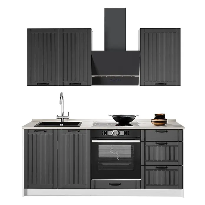Vicco Singleküche - Breite: 190 cm, Dunkelgrau, Mit AP Eiche - Dunkelgraue Modulküche mit gerillten Schränken, Spüle, Backofen, Kochfeld und Dunstabzugshaube.