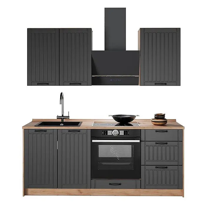 Vicco Singleküche - Breite: 190 cm, Dunkelgrau, Mit AP Eiche - Dunkelgraue Modulküche mit Holzoptik-Arbeitsplatte, Spüle, integriertem Backofen, Kochfeld, Dunstabzugshaube und Wandschränken.