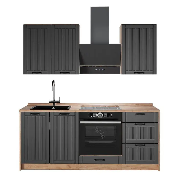 Vicco Singleküche - Breite: 190 cm, Dunkelgrau, Mit AP Eiche - Modernes dunkelgraues Küchenmodul mit Holzplatten, Spüle, Kochfeld, Backofen und passenden Wandschränken mit Dunstabzugshaube.