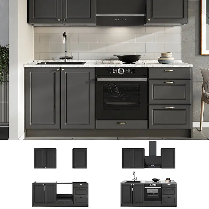 Vicco Singleküche - Breite: 190 cm, Anthrazit-Gold Landhaus, Ohne AP - Modulare anthrazitgraue Küchenzeile mit weißer Marmor-Arbeitsplatte, integrierter Spüle und Backofen.