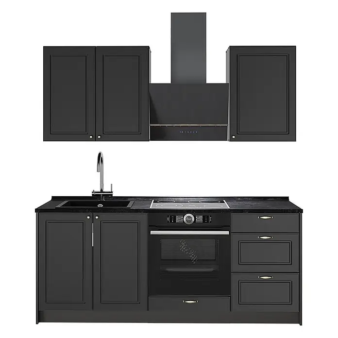 Vicco Singleküche - Breite: 190 cm, Anthrazit-Gold Landhaus, Ohne AP - Schwarze Küchenzeile mit Ober- und Unterschränken, integriertem Backofen, Kochfeld, Spüle und Dunstabzugshaube.