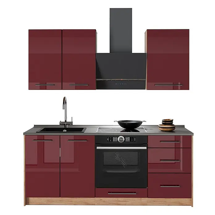 Vicco Singleküche - Breite: 190 cm, Bordeaux Hochglanz, Mit AP Anthrazit - Modulküche mit hochglänzenden weinroten Schränken, integriertem Backofen, Kochfeld, Spüle und dunkler Dunstabzugshaube.