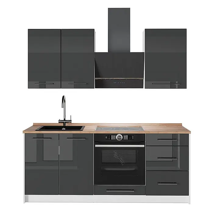 Vicco Singleküche - Breite: 190 cm, Anthrazit Hochglanz, Mit AP Eiche - Moderne glänzend anthrazitfarbene Küchenzeile mit Holz-Arbeitsplatte, Spüle, Backofen, Kochfeld und Dunstabzugshaube.