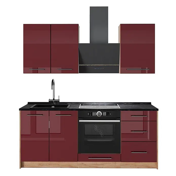 Vicco Singleküche - Breite: 190 cm, Bordeaux Hochglanz, Mit AP Anthrazit - Moderne glänzende Küchenzeile in Burgunderrot mit schwarzer Arbeitsplatte, integriertem Kochfeld, Backofen, Spüle, Chromarmatur und dunkelgrauer Dunstabzugshaube.