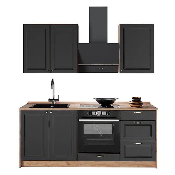 Vicco Singleküche - Breite: 190 cm, Anthrazit-Gold Landhaus, Ohne AP - Kompakte schwarze Küchenzeile mit Holzplatte, Spüle, Induktionskochfeld, Backofen und passenden Oberschränken mit Dunstabzugshaube.
