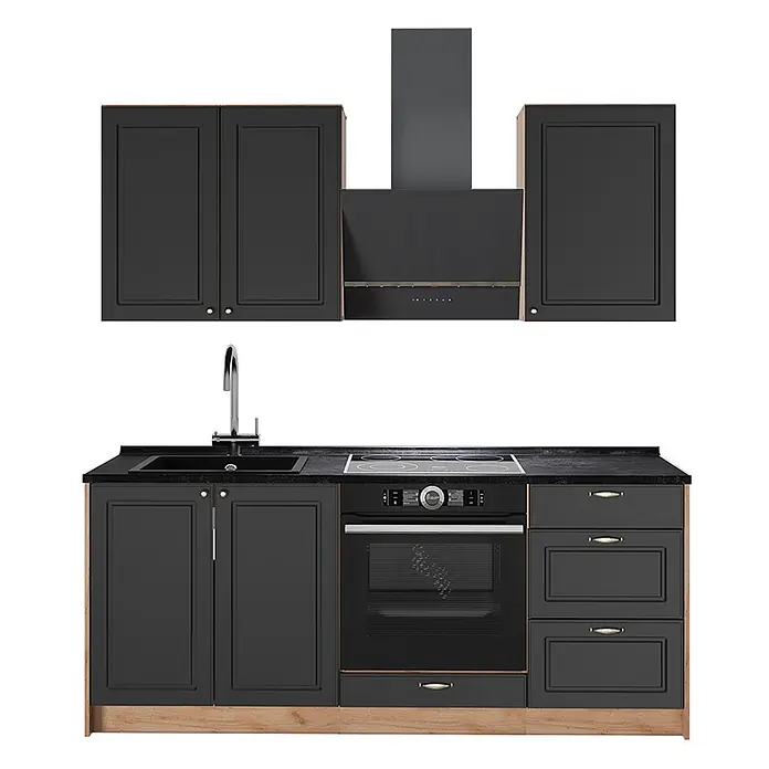 Vicco Singleküche - Breite: 190 cm, Anthrazit-Gold Landhaus, Ohne AP - Moderne dunkelgraue Küchenzeile mit Kochfeld, Backofen, Spüle, Dunstabzugshaube und Schränken auf Holzsockel.