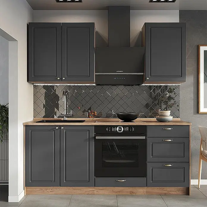 Vicco Singleküche - Breite: 190 cm, Anthrazit-Gold Landhaus, Ohne AP - Moderne dunkelgraue Küche mit Holz-Arbeitsplatte, integriertem Backofen und schwarzer Dunstabzugshaube.