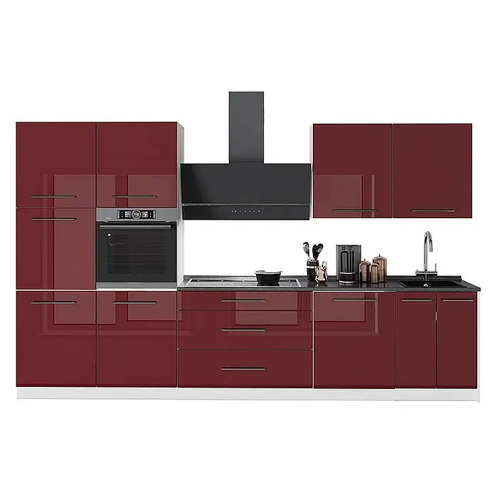 Vicco Küchenzeile - Breite: 340 cm, Bordeaux Hochglanz, Ohne Elektrogeräte - Moderne hochglänzende bordeauxrote Küche mit integriertem Backofen, Kochfeld, Dunstabzug und Spüle.