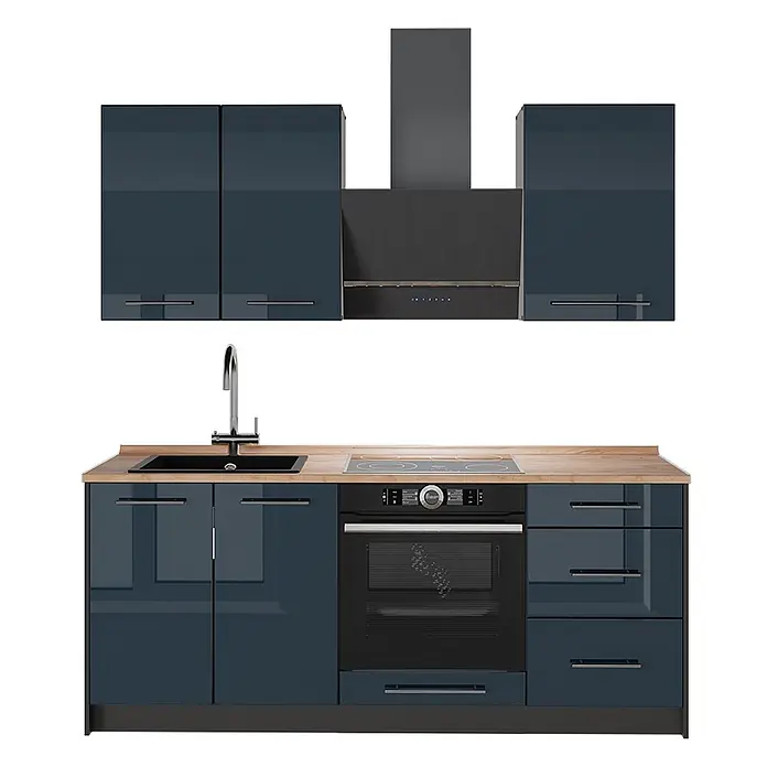 Vicco Singleküche - Breite: 190 cm, Dunkelblau Hochglanz, Mit AP Eiche - Dunkelblaue Hochglanz-Küchenzeile mit integriertem Backofen, Spüle und Dunstabzugshaube, mit heller Holzplatte.