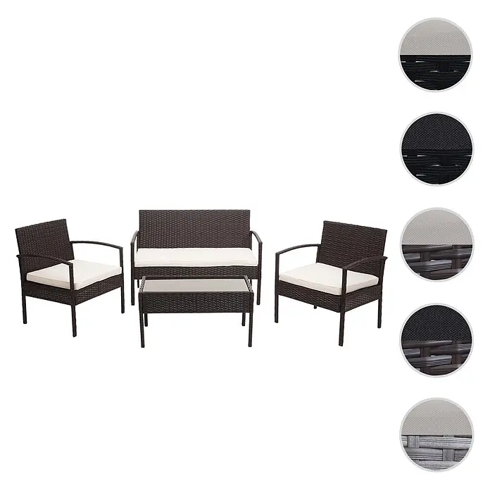 Mendler Loungemöbel-Set HWC-F56 - 4 -tlg., Polyrattan, Braun, Kissen creme, Braun, creme - Braunes Rattan 4-teiliges Terrassenset mit weißen Kissen: Sofa, zwei Stühle und ein Couchtisch.