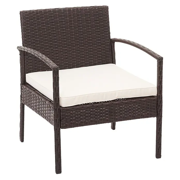 Mendler Loungemöbel-Set HWC-F56 - 4 -tlg., Polyrattan, Braun, Kissen creme, Braun, creme - Dunkelbrauner Rattan-Sessel mit cremefarbenem Sitzkissen.