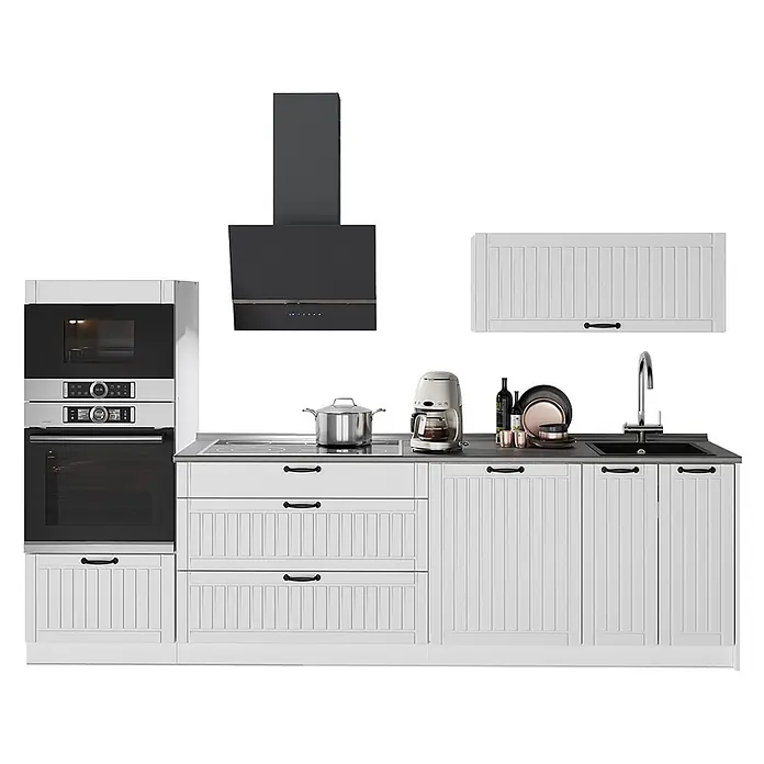 Vicco Küchenzeile - Breite: 280 cm, Weiß Landhaus, Ohne Elektrogeräte - Weiße modulare Küchenzeile mit integriertem Backofen, Mikrowelle, Kochfeld, Dunstabzugshaube und Spüle. Verfügt über weiße Schränke, dunkle Arbeitsplatte und schwarze Griffe.