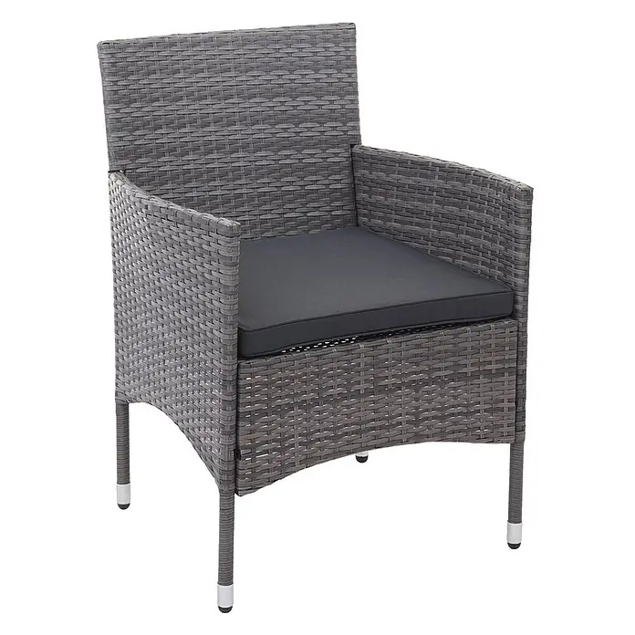 Mendler Loungemöbel-Set HWC-F55 - 4 -tlg., Polyrattan, Grau, Kissen dunkelgrau, Grau, dunkelgrau - Grauer Rattan-Sessel mit dunkelgrauem Kissen.