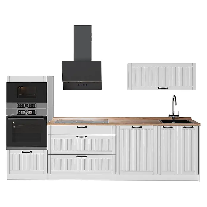 Vicco Küchenzeile - Breite: 280 cm, Weiß Landhaus, Ohne Elektrogeräte - Weiße Modulküche mit Holzplatte, schwarzen Einbauöfen, Induktionskochfeld, Spüle und Dunstabzugshaube. Enthält einen passenden Wandschrank.