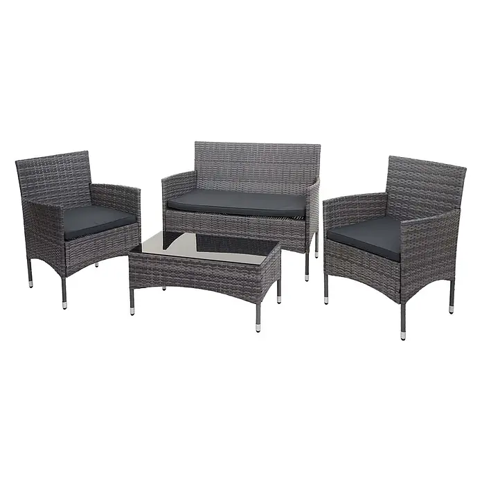 Mendler Loungemöbel-Set HWC-F55 - 4 -tlg., Polyrattan, Grau, Kissen dunkelgrau, Grau, dunkelgrau