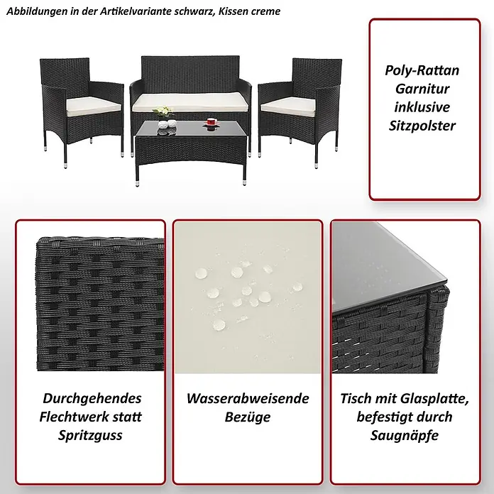 Mendler Loungemöbel-Set HWC-F55 - 4 -tlg., Polyrattan, Grau, Kissen dunkelgrau, Grau, dunkelgrau - Schwarze Polyrattan-Gartenmöbelgarnitur mit cremefarbenen Kissen, bestehend aus zwei Stühlen, einem Sofa und einem Couchtisch.