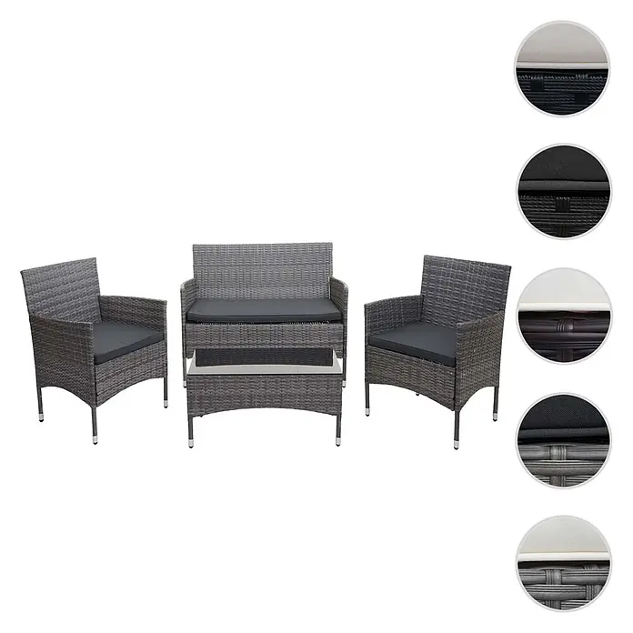 Mendler Loungemöbel-Set HWC-F55 - 4 -tlg., Polyrattan, Grau, Kissen dunkelgrau, Grau, dunkelgrau - Graue Rattan-Gartenmöbelgarnitur mit zwei Sesseln, einem Zweisitzer-Sofa und einem Couchtisch mit Glasplatte, alle mit dunklen Kissen.