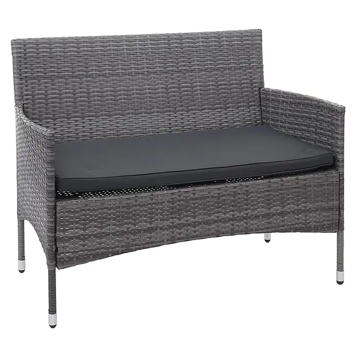 Mendler Loungemöbel-Set HWC-F55 - 4 -tlg., Polyrattan, Grau, Kissen dunkelgrau, Grau, dunkelgrau - Graue Poly-Rattan 2-Sitzer Gartenbank mit dunkelgrauem Sitzkissen.