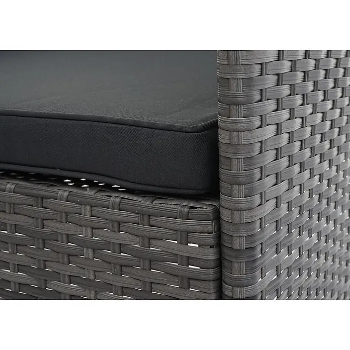 Mendler Loungemöbel-Set HWC-F55 - 4 -tlg., Polyrattan, Grau, Kissen dunkelgrau, Grau, dunkelgrau - Nahaufnahme eines dunkelgrauen Polyrattan-Gartenstuhls mit schwarzem Stoffkissen.