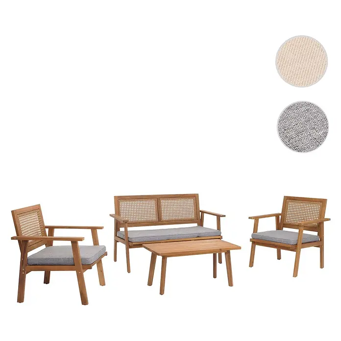 Mendler Loungemöbel-Set HWC-N46 - 4 -tlg., Massivholz, Kissen grau, Grau - Holz-Loungeset für den Außenbereich mit Rattangeflecht-Rückenlehnen, grauen Kissen, einer Bank, zwei Sesseln und einem Couchtisch. Stoffmuster enthalten.