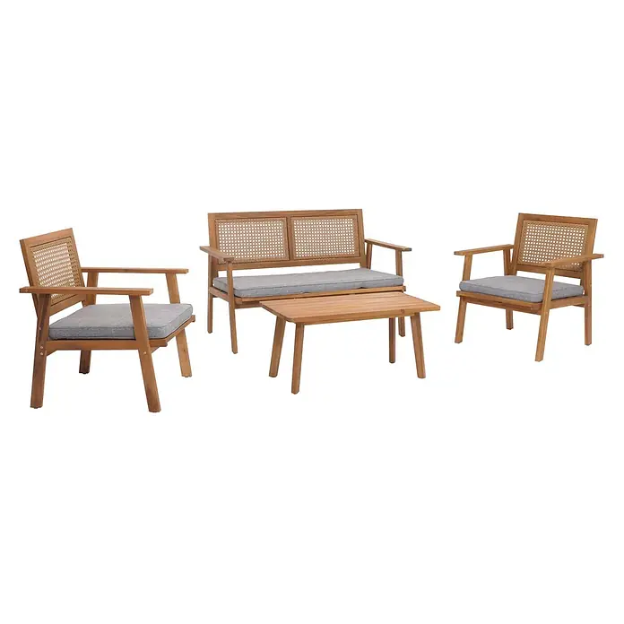 Mendler Loungemöbel-Set HWC-N46 - 4 -tlg., Massivholz, Kissen grau, Grau - Helles Holz-Gartenmöbelset (4-teilig) mit Rattangeflecht-Rückenlehnen und grauen Kissen: 2 Sessel, 1 Bank, 1 Couchtisch.