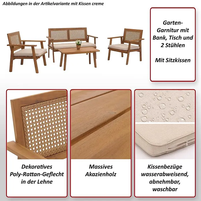 Mendler Loungemöbel-Set HWC-N46 - 4 -tlg., Massivholz, Kissen grau, Grau - Gartenmöbel-Set aus Akazienholz mit cremefarbenen, wasserabweisenden Kissen, bestehend aus Bank, Tisch und 2 Stühlen.