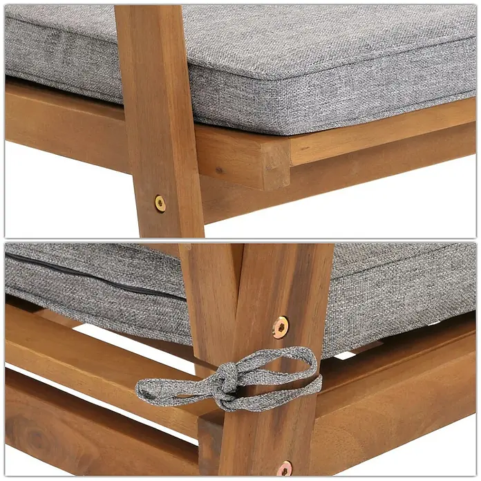 Mendler Loungemöbel-Set HWC-N46 - 4 -tlg., Massivholz, Kissen grau, Grau - Holzstuhl mit hellgrauem Stoffkissen, mit passenden Bändern befestigt.