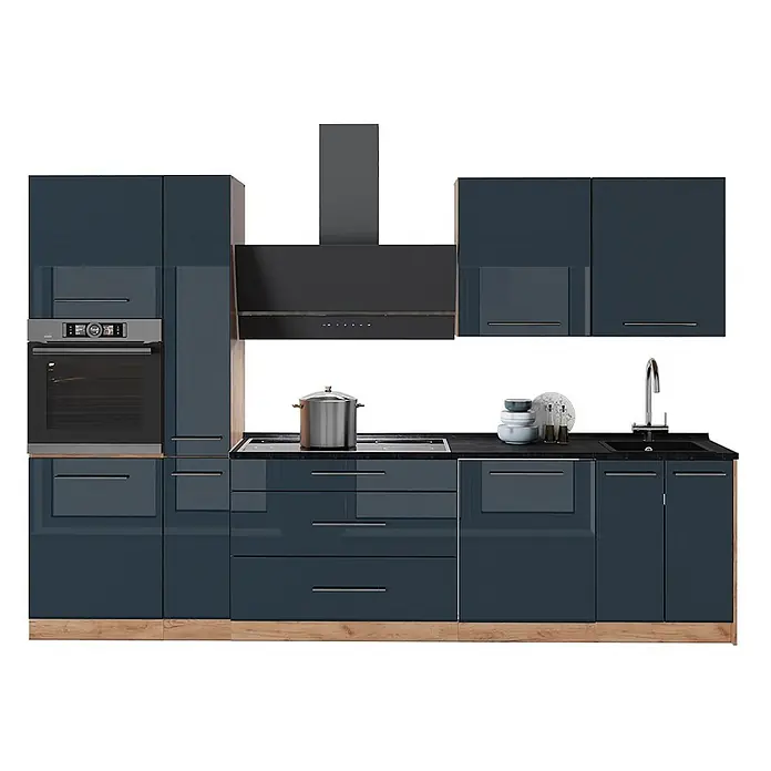 Vicco Küchenzeile - Breite: 310 cm, Dunkelblau Hochglanz, Ohne Elektrogeräte - Moderne dunkelblaue Hochglanz-Küchenschränke mit integriertem Backofen, Kochfeld, Spüle und Dunstabzugshaube, mit hellem Holzsockel.