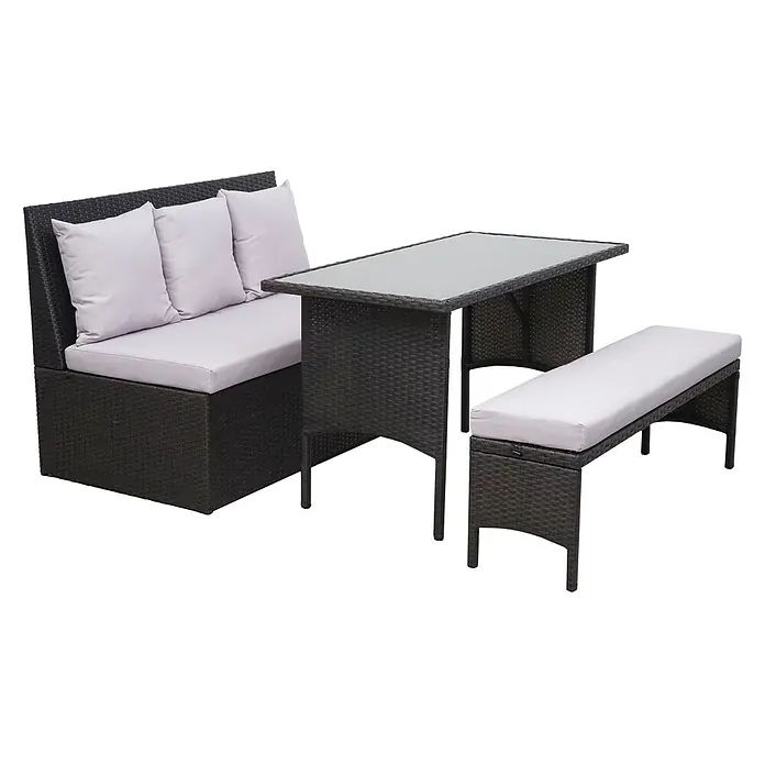 Mendler Loungemöbel-Set HWC-G16 - 3 -tlg., Polyrattan, Schwarz, Kissen hellgrau, Schwarz - Dunkelbraunes Rattan-Gartenmöbelset mit Sofa, separater Bank, hellgrauen Kissen und rechteckigem Tisch mit Glasplatte.