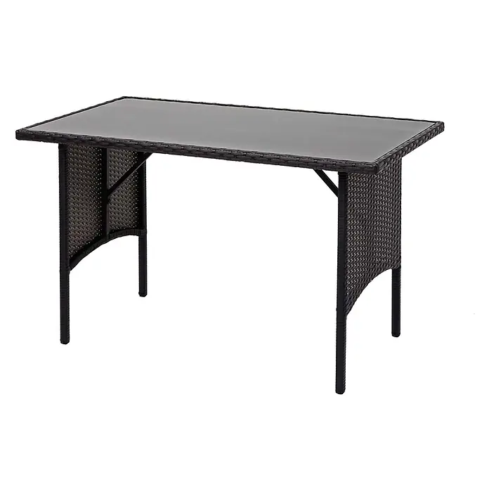 Mendler Loungemöbel-Set HWC-G16 - 3 -tlg., Polyrattan, Schwarz, Kissen hellgrau, Schwarz - Ein rechteckiger dunkelbrauner Rattan-Terrassentisch mit Glasplatte.