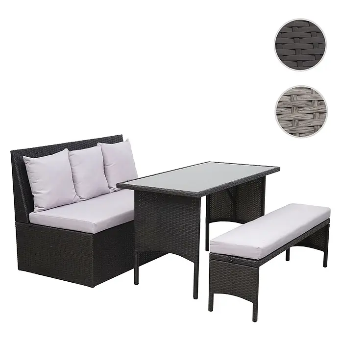 Mendler Loungemöbel-Set HWC-G16 - 3 -tlg., Polyrattan, Schwarz, Kissen hellgrau, Schwarz - Dunkelbraunes Rattan-Gartenmöbelset mit hellgrauen Kissen, Glastisch und Bank.