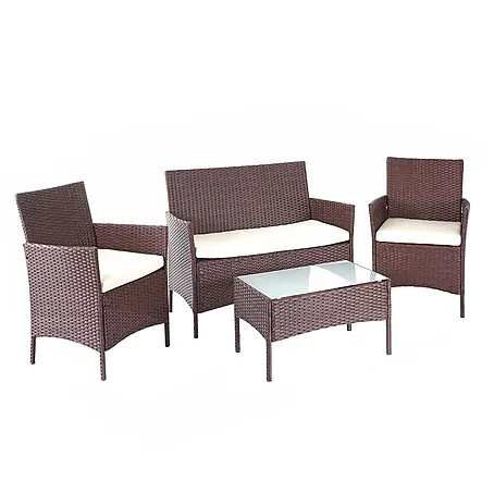 Mendler Poly-Rattan Garten-Garnitur HWC-D82 - braun-meliert mit Kissen creme