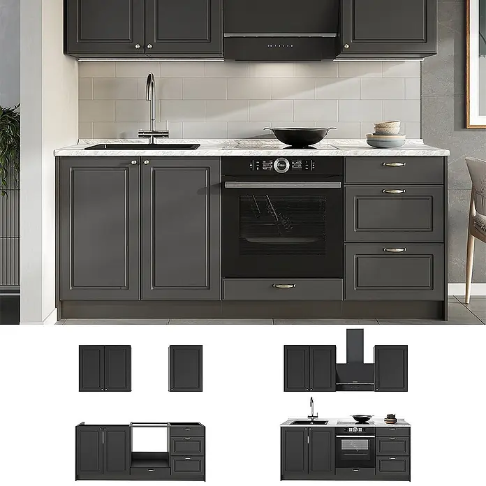 Vicco Singleküche - Breite: 190 cm, Anthrazit-Gold Landhaus, Mit AP Anthrazit - Dunkelgraue Küchenschrankzeile mit integrierter Spüle, Backofen und Dunstabzugshaube, mit Marmor-Arbeitsplatte.