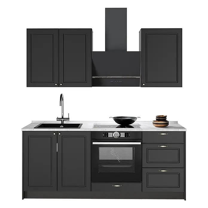 Vicco Singleküche - Breite: 190 cm, Anthrazit-Gold Landhaus, Mit AP Anthrazit - Dunkelgraue Modulküche mit Spüle, Backofen, Kochfeld, Dunstabzugshaube und Oberschränken, heller Arbeitsplatte.