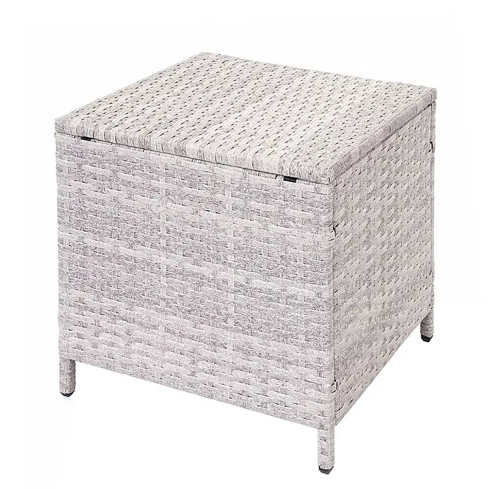 Mendler Loungemöbel-Set HWC-A29 - 5 -tlg., Polyrattan, Hellgrau, Kissen creme + 2x Hocker, Hellgrau - Quadratische hellgraue Rattan-Optik Aufbewahrungsbox mit Deckel und kleinen Füßen.