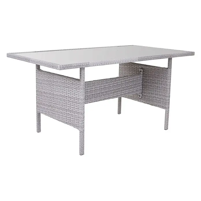 Mendler Loungemöbel-Set HWC-A29 - 5 -tlg., Polyrattan, Hellgrau, Kissen creme + 2x Hocker, Hellgrau - Rechteckiger hellgrauer Rattantisch mit Glasplatte, ideal für Esszimmer oder den Außenbereich.