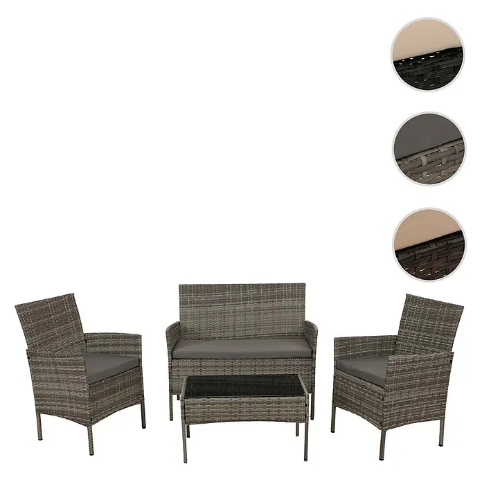 Mendler Loungemöbel-Set HWC-N98 - 4 -tlg., Polyrattan, Grau, Kissen hellgrau, Grau, hellgrau - Geflecht-Gartenmöbelset in Grau mit zwei Sesseln, einem Zweisitzer-Sofa und einem Couchtisch mit Glasplatte. Alle Teile haben graue Kissen.