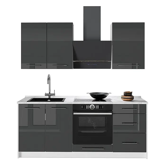 Vicco Singleküche - Breite: 190 cm, Anthrazit Hochglanz, Mit AP Anthrazit - Glänzende graue Kompaktküche mit weißer Arbeitsplatte, Spüle, Kochfeld, integriertem Backofen, Dunstabzugshaube, Hängeschränken und Schubladen.