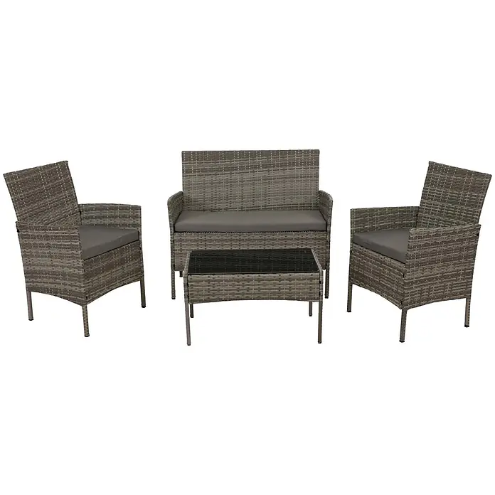 Mendler Loungemöbel-Set HWC-N98 - 4 -tlg., Polyrattan, Grau, Kissen hellgrau, Grau, hellgrau - Graues Rattan 4-teiliges Gartenmöbelset mit dunkelgrauen Kissen und einem Couchtisch mit Glasplatte.