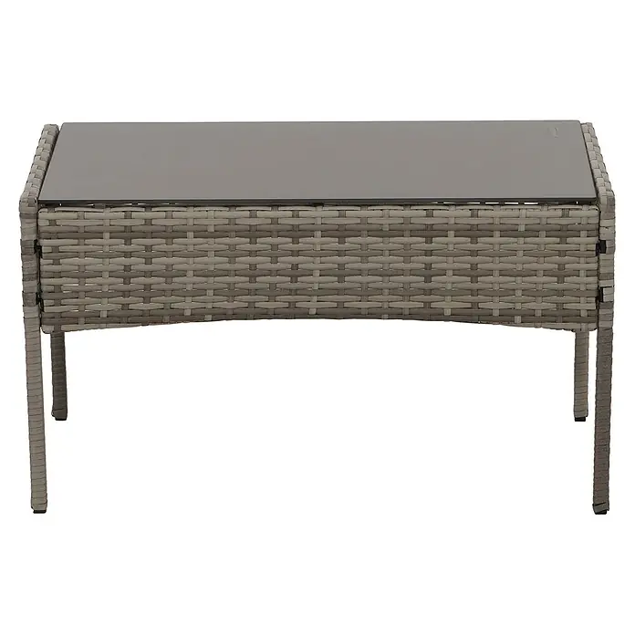 Mendler Loungemöbel-Set HWC-N98 - 4 -tlg., Polyrattan, Grau, Kissen hellgrau, Grau, hellgrau - Grauer Korbgeflecht-Gartentisch mit dunkler Glasplatte.