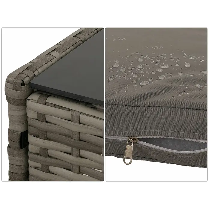Mendler Loungemöbel-Set HWC-N98 - 4 -tlg., Polyrattan, Grau, Kissen hellgrau, Grau, hellgrau - Nahaufnahme von grauem Outdoor-Geflechtmöbel mit dunkler Tischplatte und wasserdichtem grauen Kissen mit Reißverschluss.