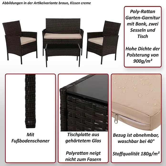 Mendler Loungemöbel-Set HWC-N98 - 4 -tlg., Polyrattan, Anthrazit, Kissen creme, Anthrazit, creme - Braune Poly-Rattan Garten-Garnitur mit Bank, zwei Sesseln und Tisch mit gehärteter Glasplatte. Cremefarbene Kissen mit waschbaren Bezügen.