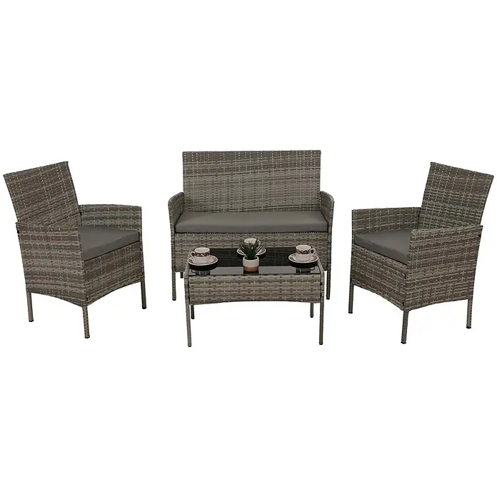 Mendler Loungemöbel-Set HWC-N98 - 4 -tlg., Polyrattan, Grau, Kissen hellgrau, Grau, hellgrau - Graues Rattan-Gartenmöbelset, 4-teilig, mit zwei Sesseln, einem Zweisitzer-Sofa und einem Couchtisch mit Glasplatte, alle mit grauen Kissen.