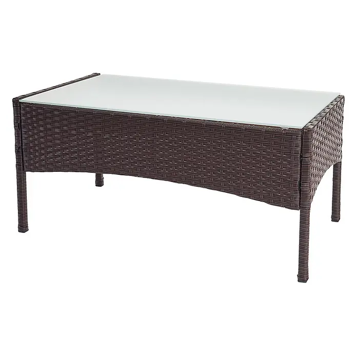 Mendler Loungemöbel-Set - 5 -tlg., Polyrattan, Braun-meliert, Kissen creme, Braun, creme - Brauner Outdoor-Couchtisch im Rattan-Stil mit matter Glasplatte.